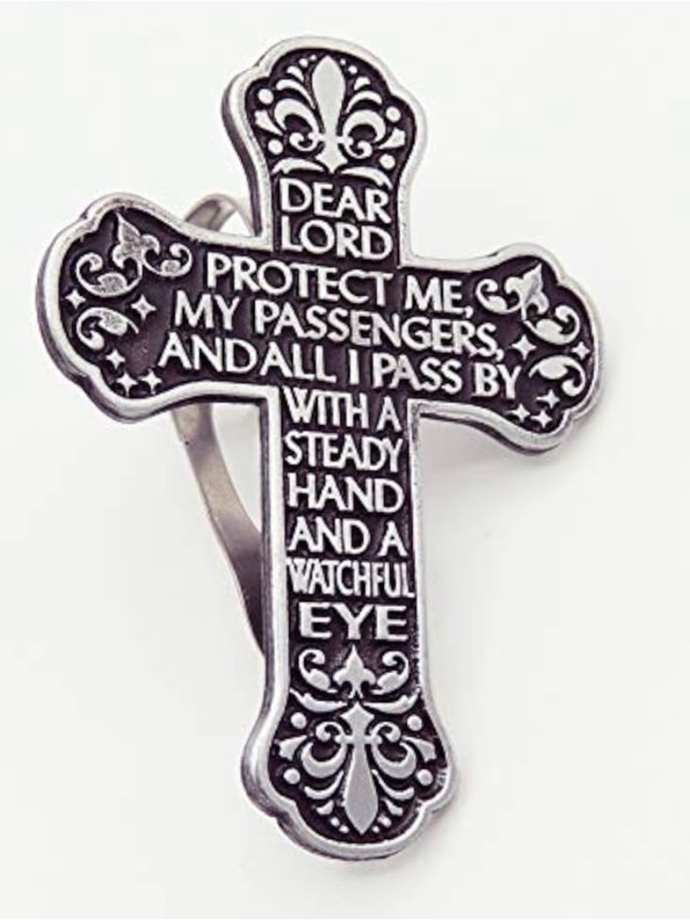 Auto Visor Clip-Cathedral Art Black & Silver Cross - Prayer Design